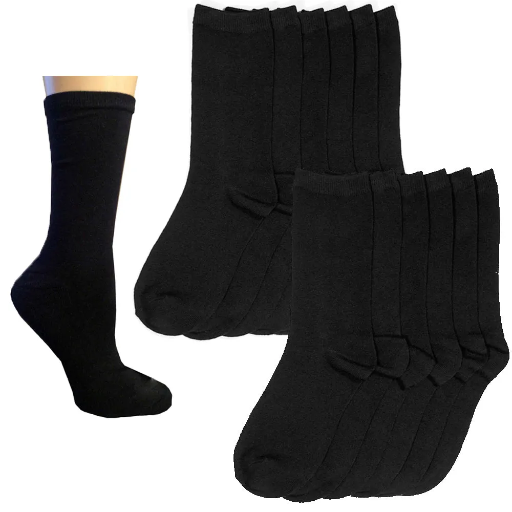 12 Pair Basic Black Knocker Calf Crew Socks Solid Unisex Casual Wear Size 9-11