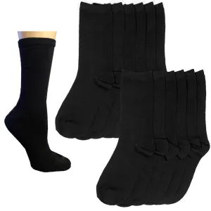 12 Pair Basic Black Knocker Calf Crew Socks Solid Unisex Casual Wear Size 9-11