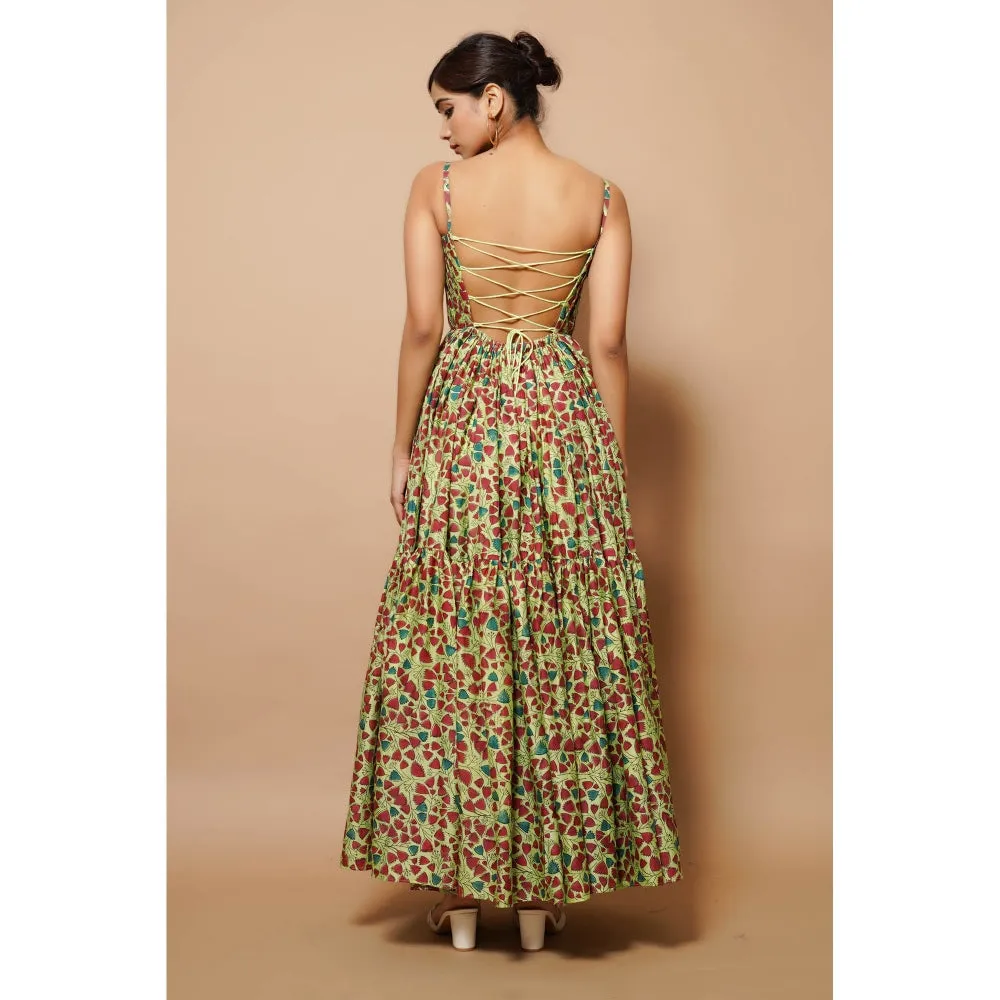 AHI Clothing Green Block Printed Chanderi Maxi Dress