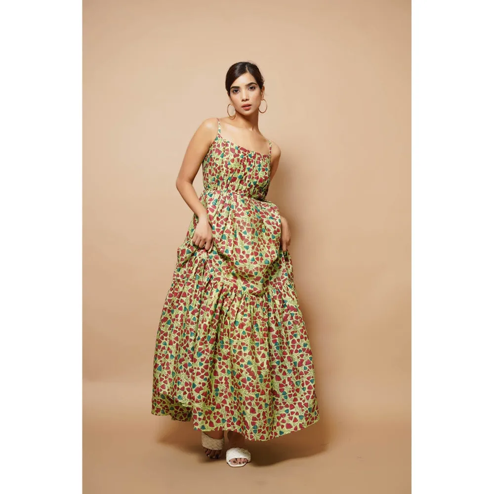 AHI Clothing Green Block Printed Chanderi Maxi Dress