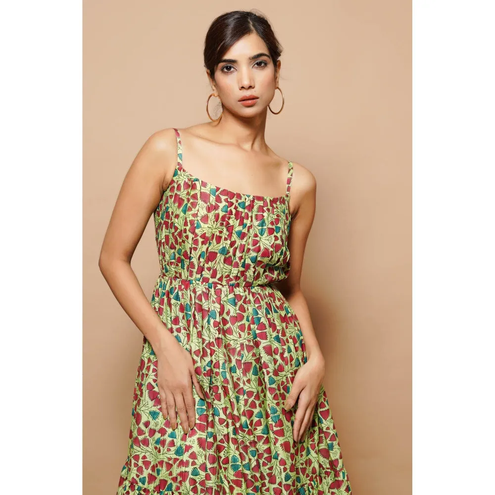 AHI Clothing Green Block Printed Chanderi Maxi Dress