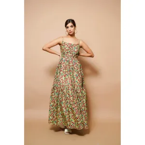 AHI Clothing Green Block Printed Chanderi Maxi Dress