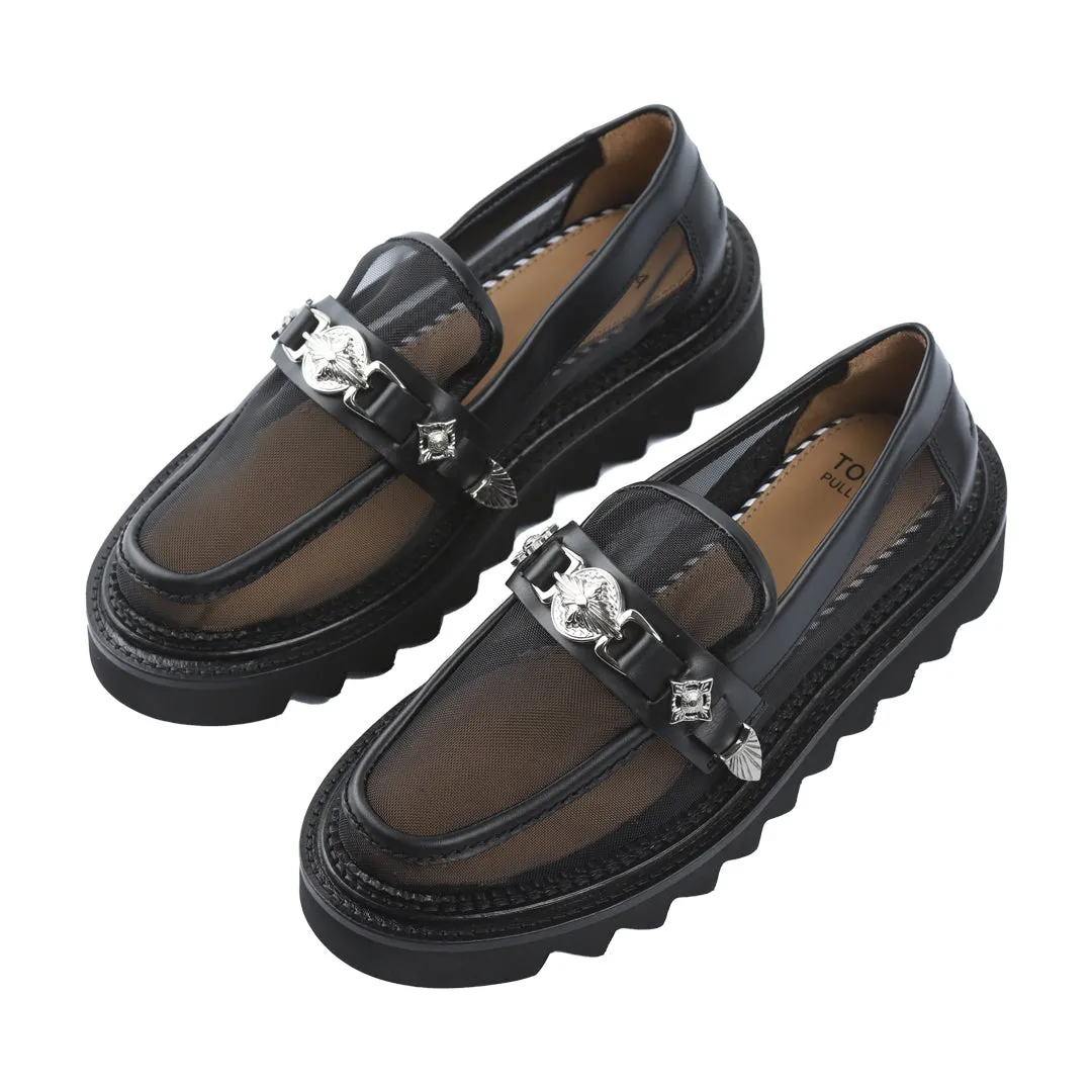 AJ1243  MESH CHUNKY LOAFERS BLACK MESH BLACK LEATHER