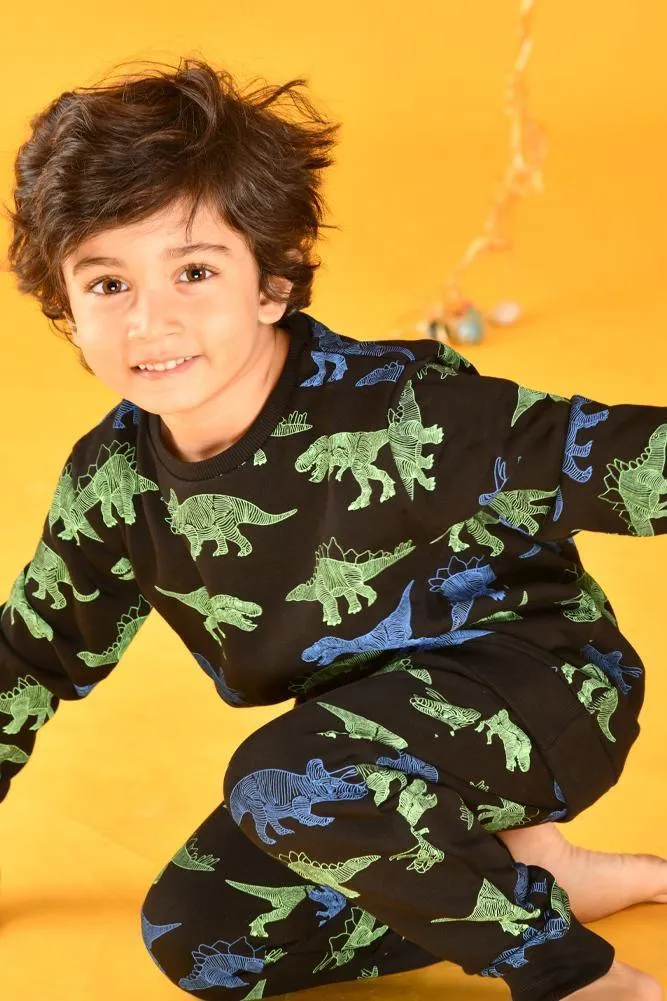 DINOSAUR BOYS BLACK SWEATSHIRT JOGGER SET (FLEECE)