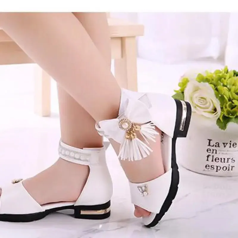 Kids Bow Sandals Children Girls Summer Cute Sandals Beach Sandals 2021 Princess Fashion High Heels Tassel School Shoes