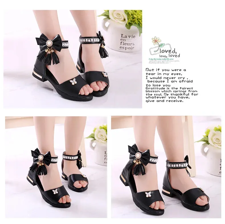 Kids Bow Sandals Children Girls Summer Cute Sandals Beach Sandals 2021 Princess Fashion High Heels Tassel School Shoes