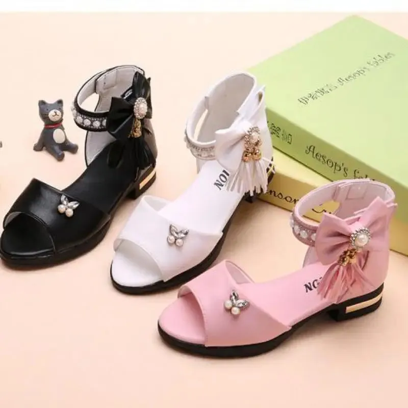 Kids Bow Sandals Children Girls Summer Cute Sandals Beach Sandals 2021 Princess Fashion High Heels Tassel School Shoes