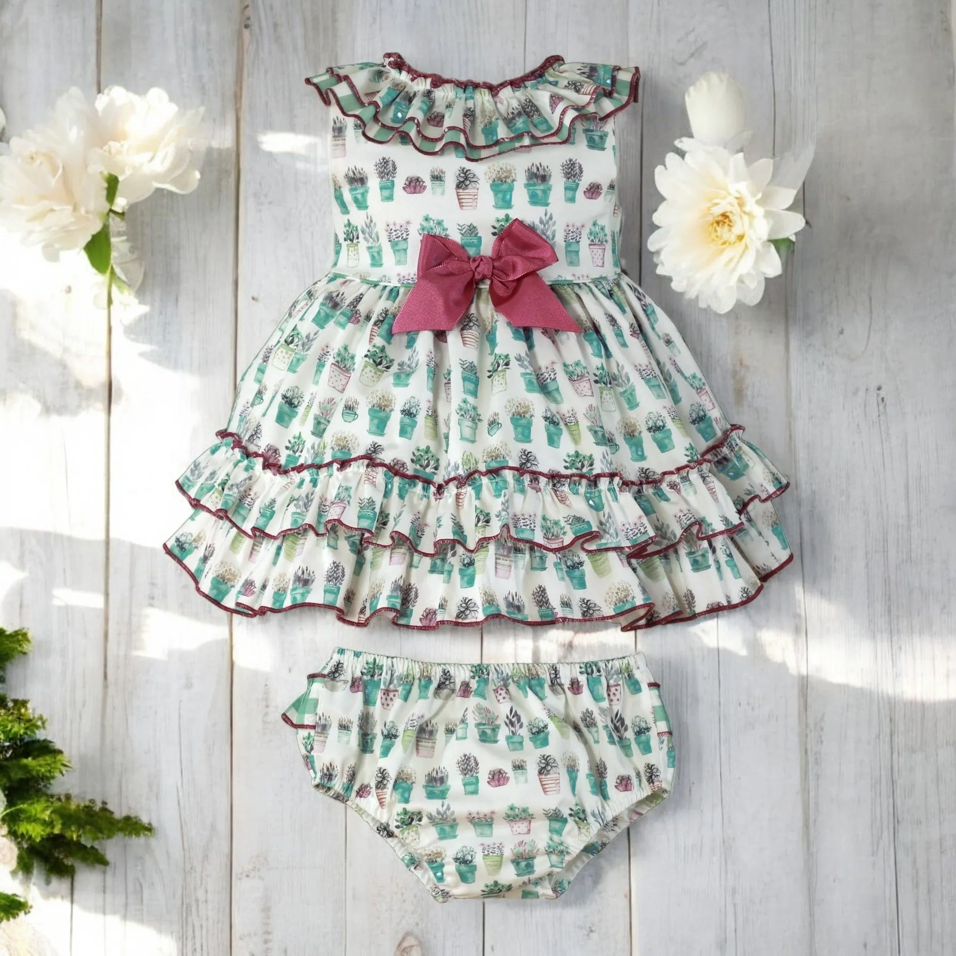 Purple & Green Garden Ruffle Dress & Bloomers
