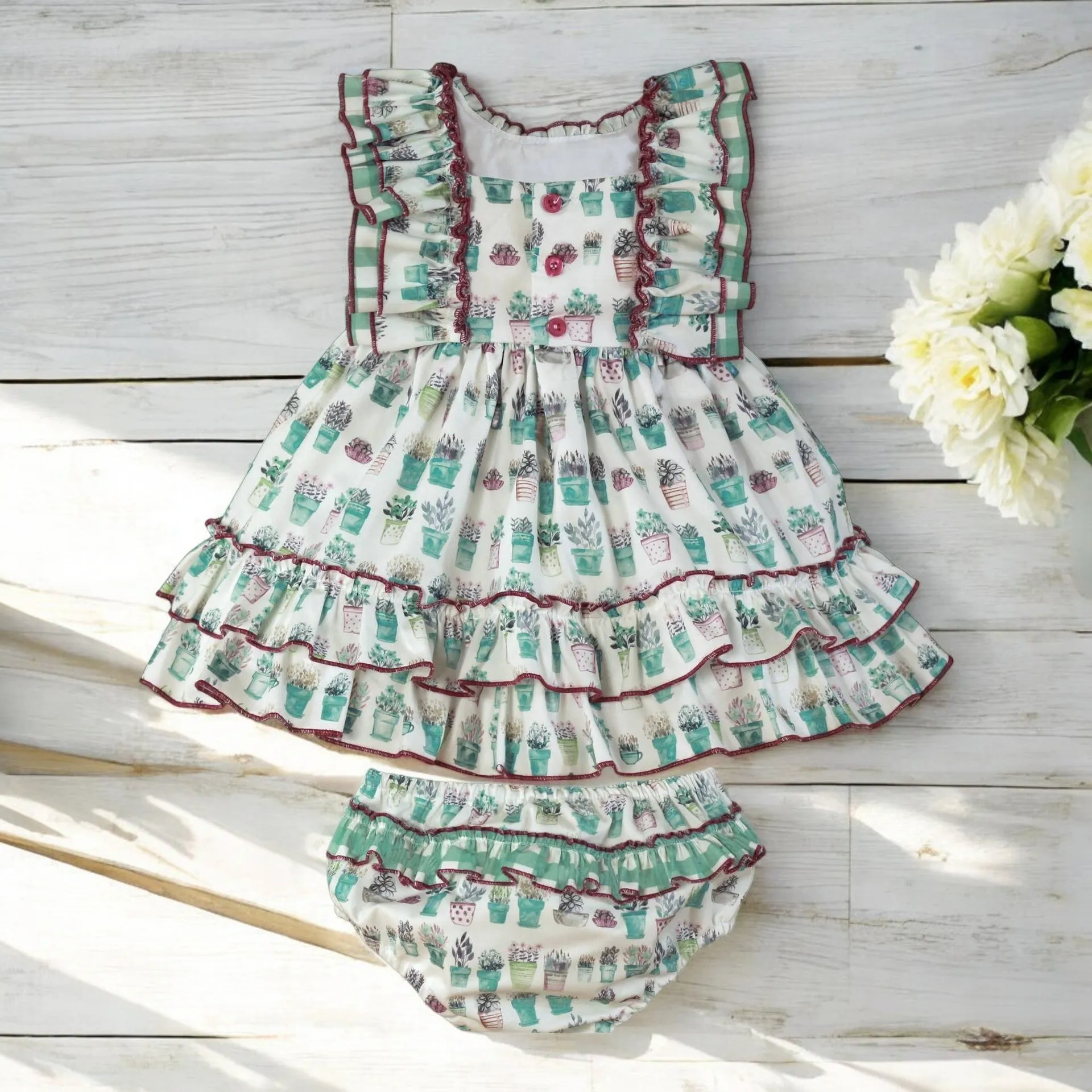 Purple & Green Garden Ruffle Dress & Bloomers