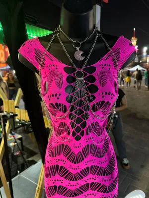 Selene Bodychain with fuchsia mesh dress