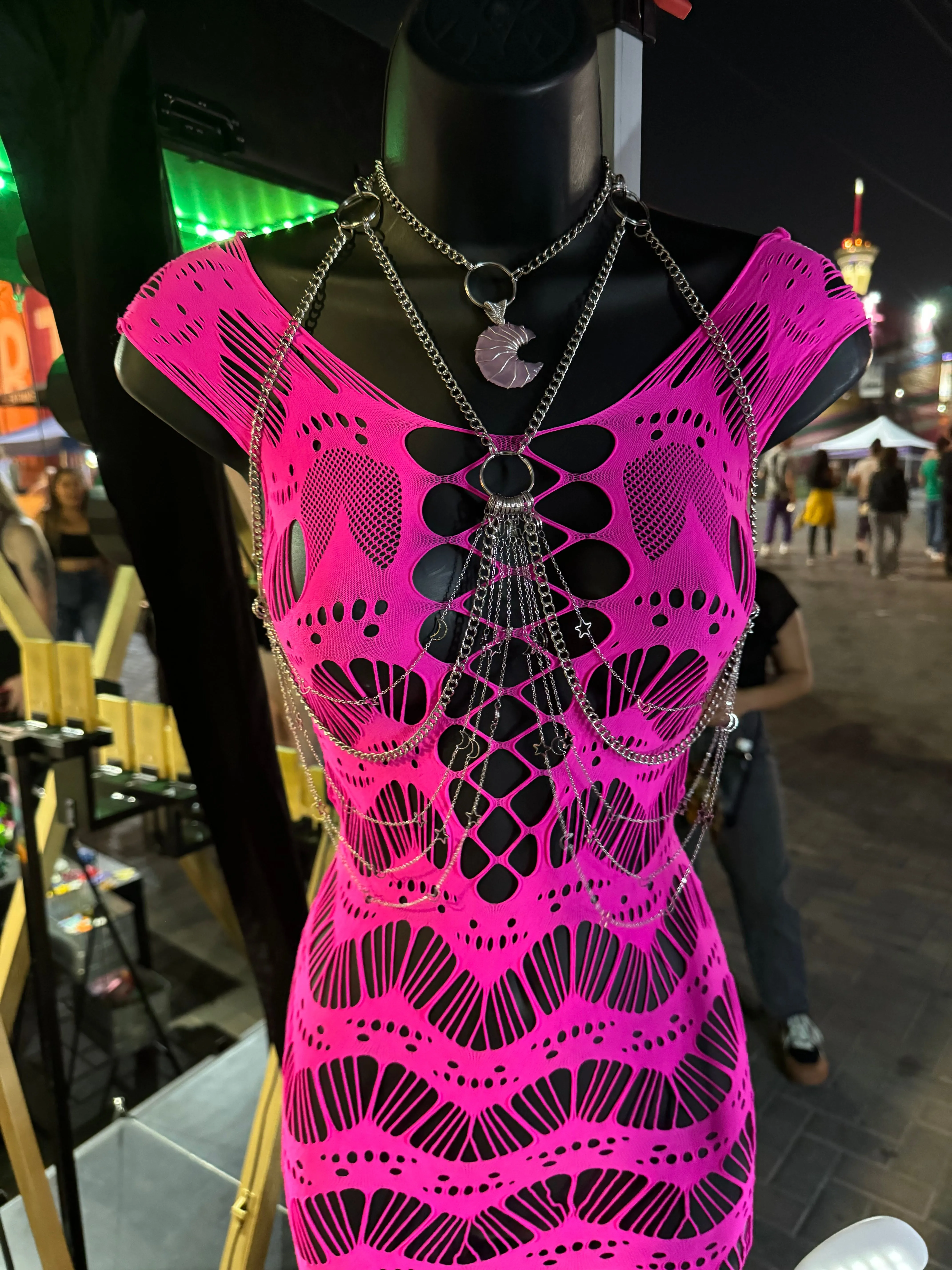 Selene Bodychain with fuchsia mesh dress